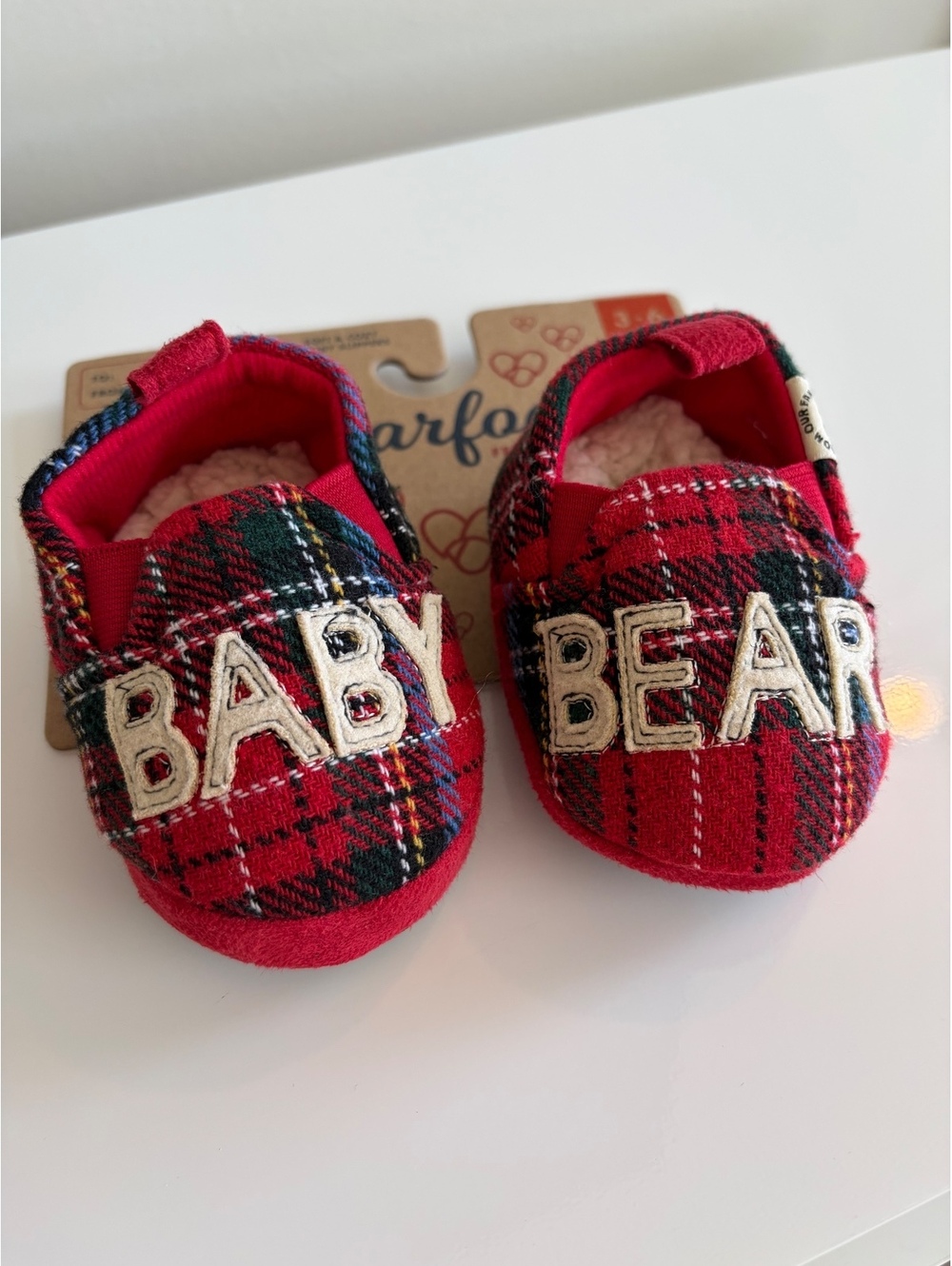 Christmas Dearfoams Baby Slippers 3-6 Months Red Plaid "Baby Bear"